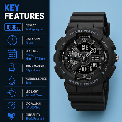 Analog-Digital Sports Watch Multifunction LED Display Alarm, Stopwatch, Day-Date Water Resistant Durable Watch for Boys & Girls