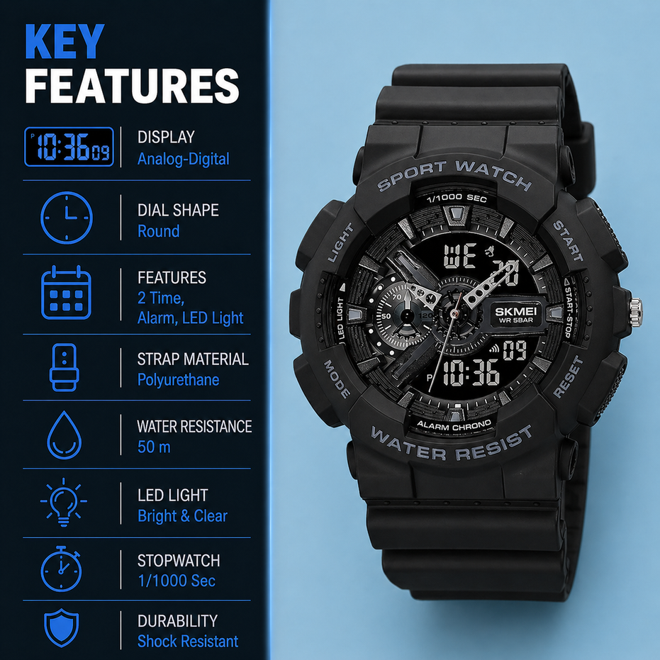 Analog-Digital Watch for Men with Black Polyurethane Strap and Round Dial for Casual & Formal Wear
