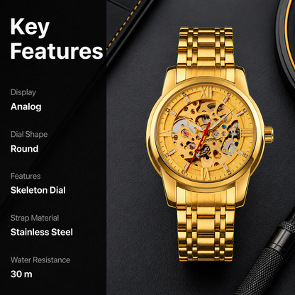Luxury Skeleton Automatic Watch for Men Black Stainless Steel Strap, Blue Dial with Roman Numerals, Transparent Mechanical Design