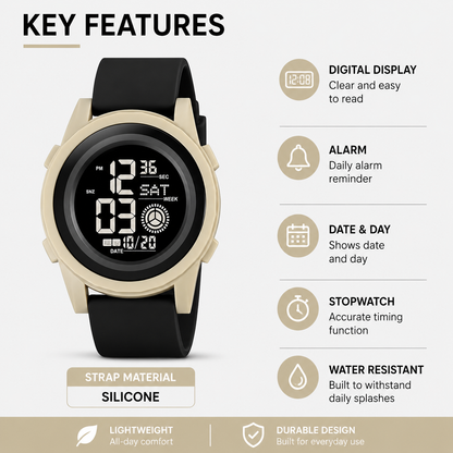 Rugged Digital Sports Wristwatch with Flexible Strap for men