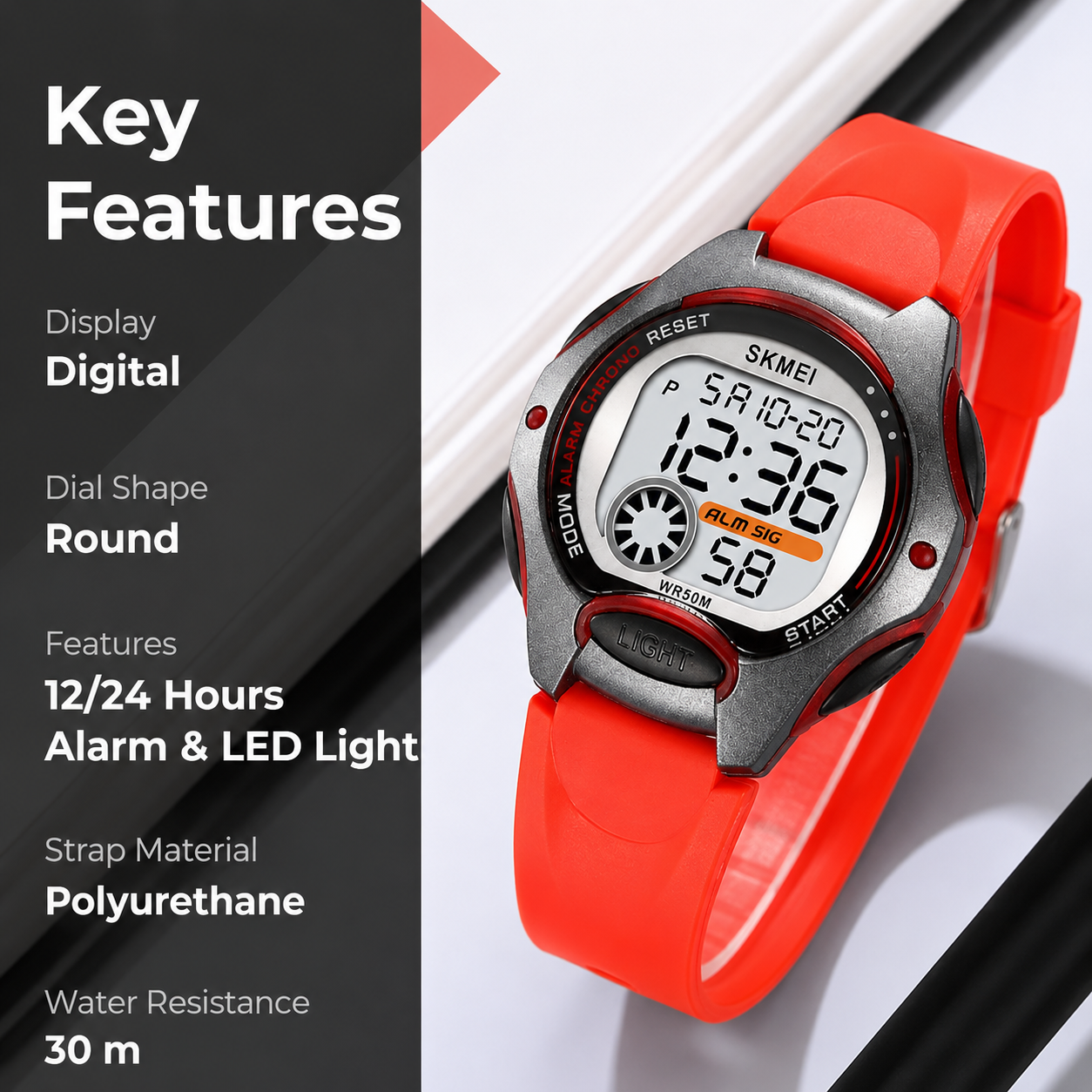 Digital Watch for Kids with Red Silicone Strap and Round Dial for Casual & Formal Wear