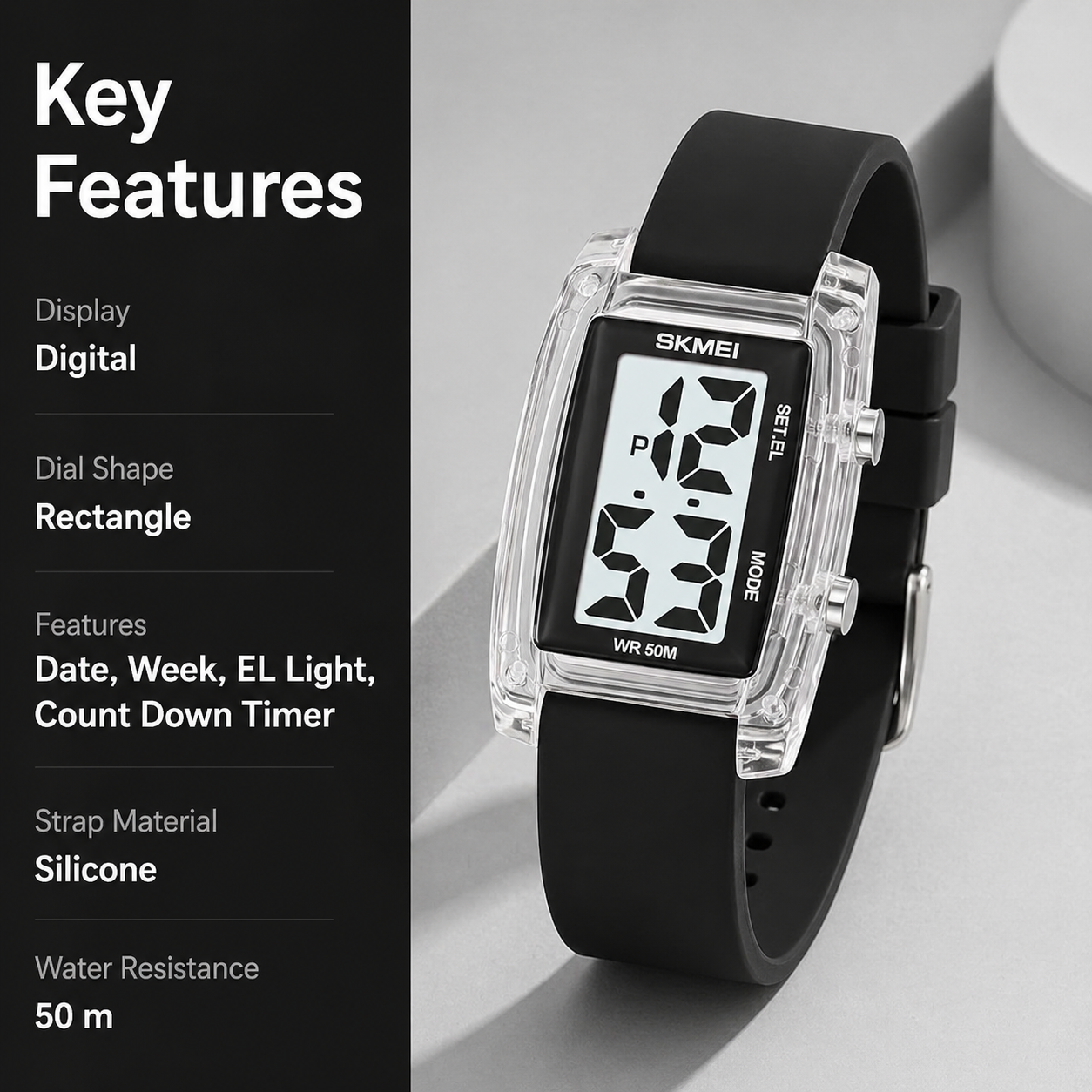 Digital Watch for Men LED Display, Rectangle Dial, Waterproof Sports Watch with Silicone Strap