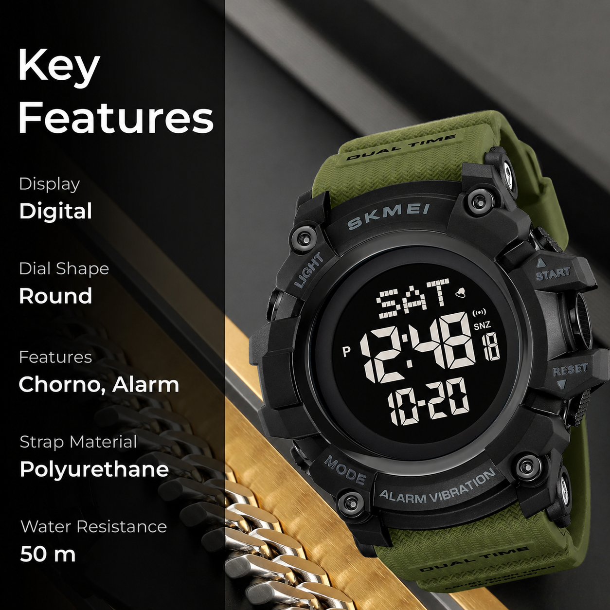 Outdoor Digital Sports Watch with Vibration Alert for men
