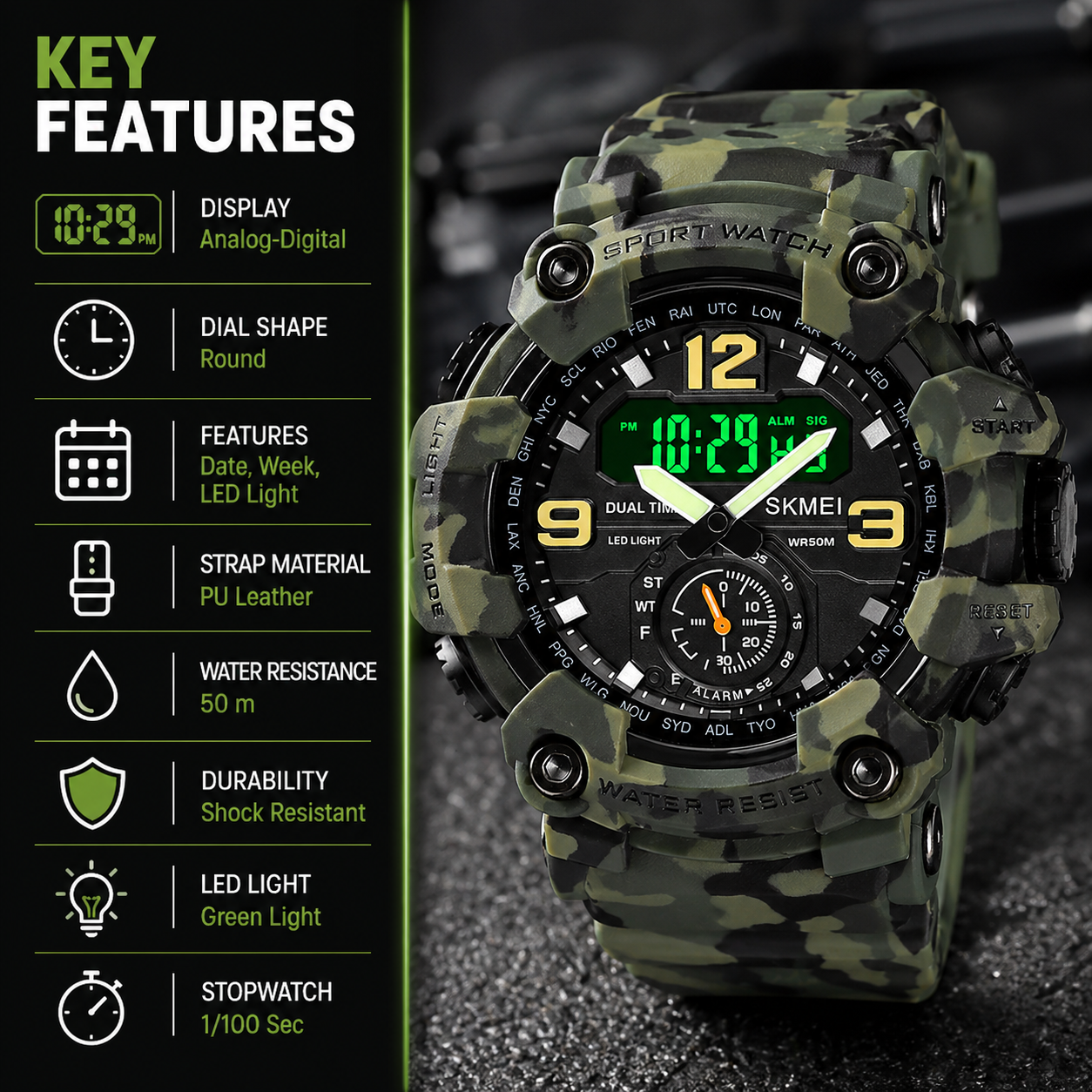 Premium Analog Digital Sports Watch for Men with Dual Time LED Display Alarm and Rugged Design