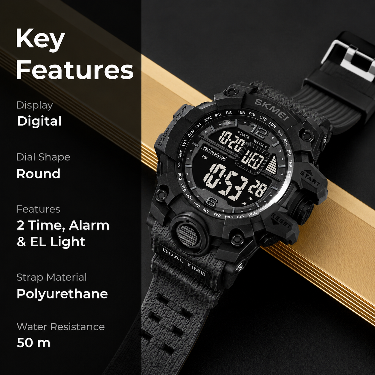 Rugged Digital Sports Watch for Men with Dual Time Display and Outdoor Adventure Style
