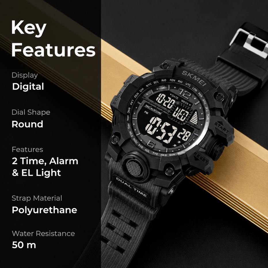 Digital Watch for Men with Black Silicone Strap and Round Dial for Casual & Formal Wear