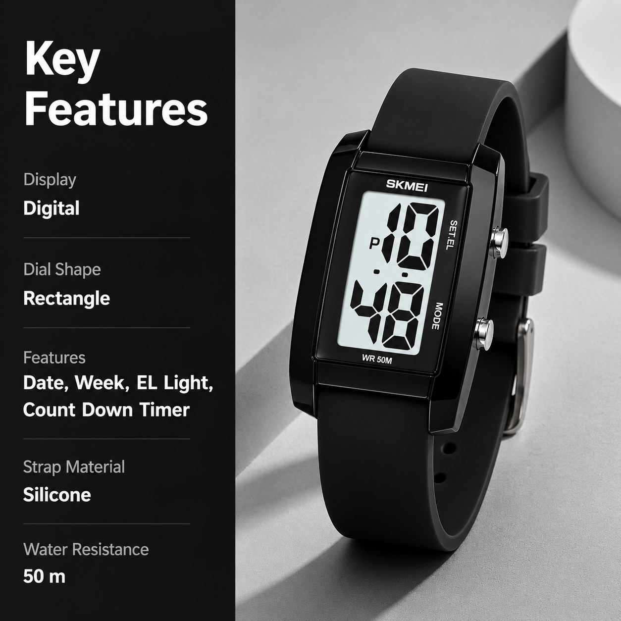 Digital Watch for Men LED Display, Rectangle Dial, Waterproof Sports Watch with Silicone Strap