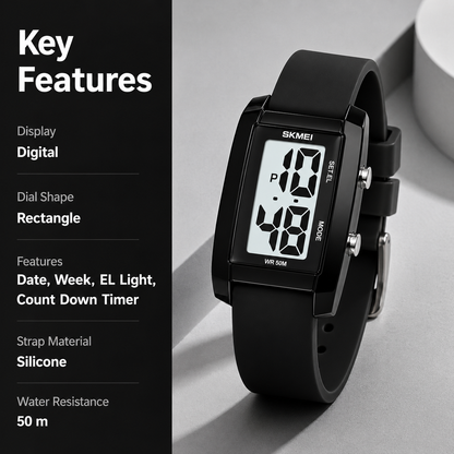 Digital Watch for Men LED Display, Rectangle Dial, Waterproof Sports Watch with Silicone Strap