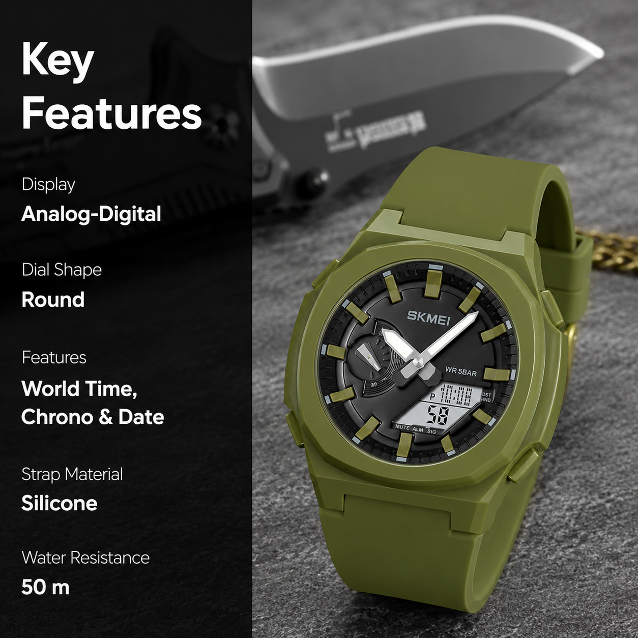 Analog-Digital Watch for Men with Army Green Silicone Strap and Round Dial for Casual & Formal Wear