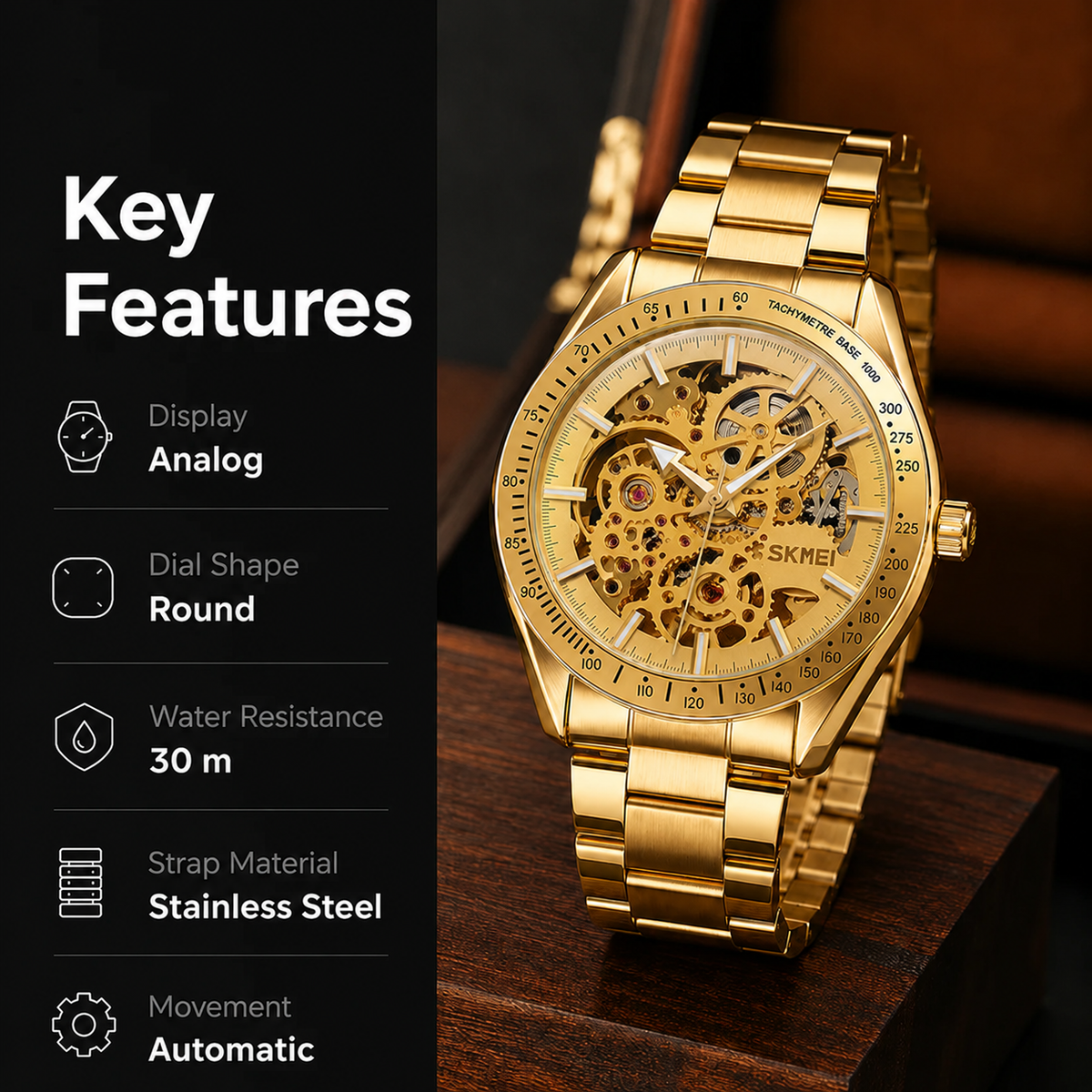 Automatic Watch for Men with Gold Stainless Steel Strap and Round Dial for Casual & Formal Wear