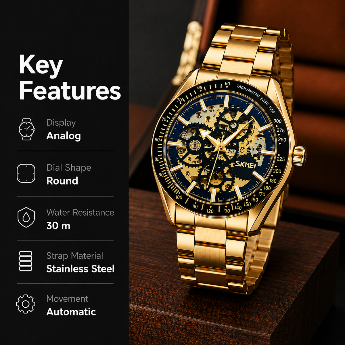 Automatic Watch for Men with Gold Stainless Steel Strap and Round Dial for Casual & Formal Wear