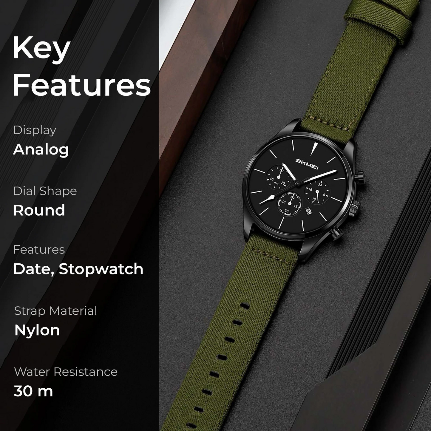 Classic Chronograph Style Analog Watch with Fabric Strap