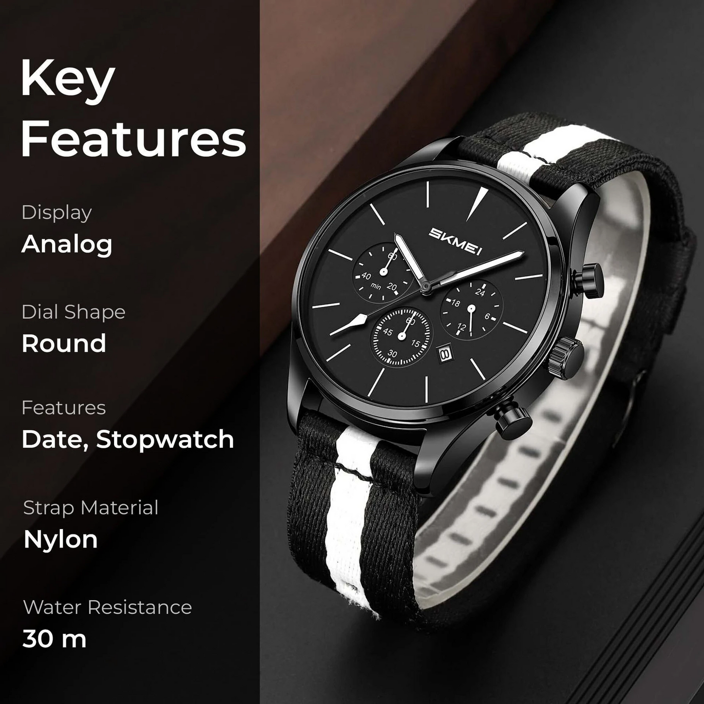 Classic Chronograph Style Analog Watch with Fabric Strap